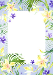 Watercolor pink flowers, floral frame for card end invitation