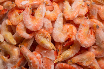 Fresh shrimps in ice. Top view.