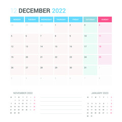 December 2022 Planner Calendar Week starts on Monday. Simple and clean calendar design planner template vector.