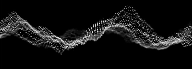 Dynamic white particle wave. Abstract sound visualization. Flow digital structure. Mesh landscape or grid data technology.
