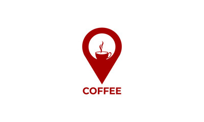 Coffee Logo on Round Pin Map Sign, Creative and Modern Coffee Shop Icon. Vector Logo Template