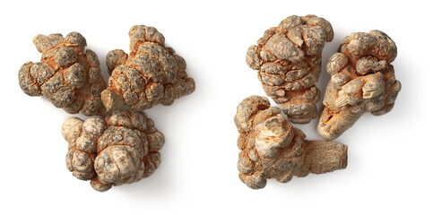 Dried Panax notoginseng roots isolated on white, top view