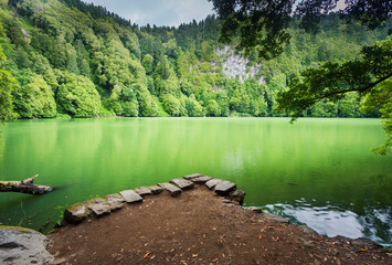 The Congro lagoon is located in a volcanic crater in São Miguel island, Azores, Portugal