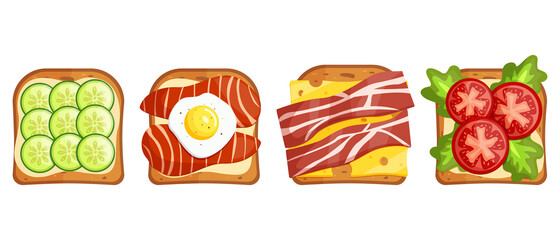 Variety of delicious sandwiches for breakfast, snacks, snacks.Sandwich with toast and ham, cheese and tomatoes, also with salad and bacon. Vector illustration in flat cartoon style