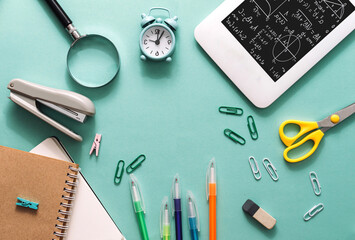 Set of stationery on a blue paper background. Exam readiness concept and back to school.Business...