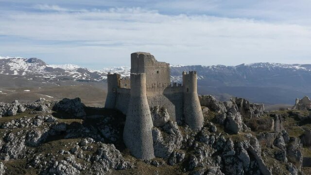 Aerial drone footage view Rocca Calascio, castle on the hill, in Abruzzo Italy // no video editing
