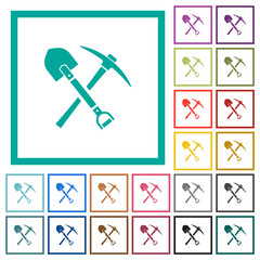 shovel and pickaxe flat color icons with quadrant frames