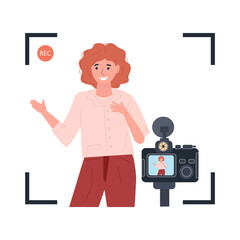 Video blogger concept. Young girl - Internet celebrity in social network. Popularity in social networks. Girl shoots video on camera. Vector illustration