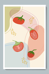 Tomatoes Set. Fresh Sliced and Whole Vegetable. Hand Drawn Colorful Tomatoes with Simple Shapes, Gold Lines.