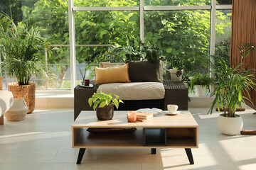 Fototapeta premium Indoor terrace interior with modern furniture and houseplants