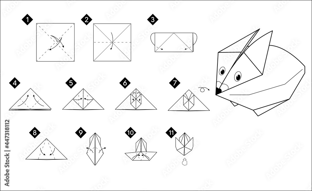 Aufkleber step by step how to make origami rabbit bird . vector monochrome instructions illustration. black an