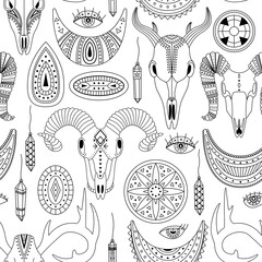 Vector seamless pattern with boho illustrations. Bohemian background. Line art, outlines.