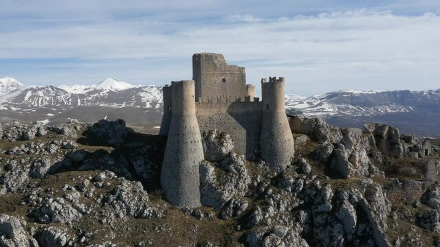 Aerial drone footage view Rocca Calascio, castle on the hill, in Abruzzo Italy // no video editing
