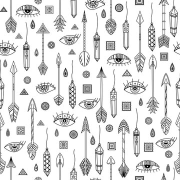 Vector seamless pattern with boho illustrations. Bohemian background. Line art, outlines.