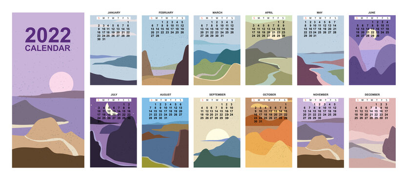 2022 Calendar Planner abstract minimalist contemporary landscape natural backgrounds. Monthly template for diary business. Week Starts Sunday. Vector isolated