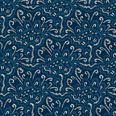 Embroidered seigaiha seamless pattern. Blue and white bohemian print for textiles. Asian wavy motifs. Vector illustration. - 447318755