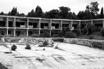 Black and white landscape of an abandoned and ruined building in Portugal 