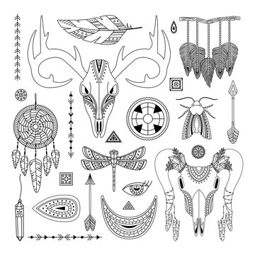 Vector set of boho illustrations. Line art. Dreamcathers, animal skull, feathers and arrows