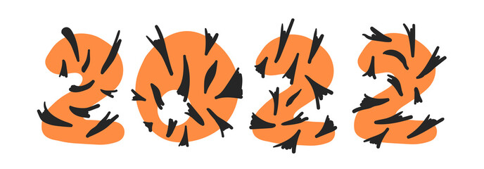 Banner of striped black and orange funny numbers 2022. New year 2022 of the tiger. Vector cartoon hand drawn illustration