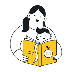 Mom reading a book to her son. Telling stories and fairy tales, cozy feeling, learning, and reading. Thin line yellow vector illustration on white.