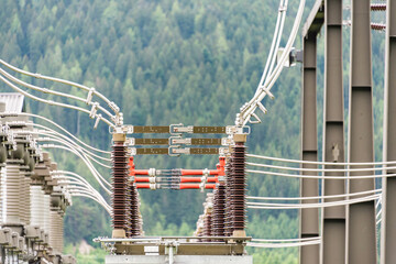 The electric power station transformer, high-voltage equipment object. Distribution electric substation with power lines. Busbar, autotransformer, supports, switchgear. - 447321941
