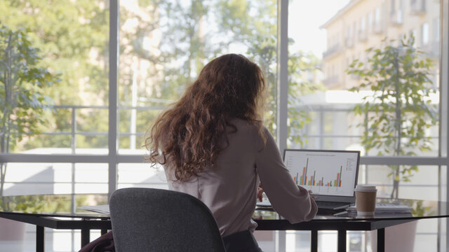 Back View Of Young Businesswoman Sitting At Desk And Working With Documents