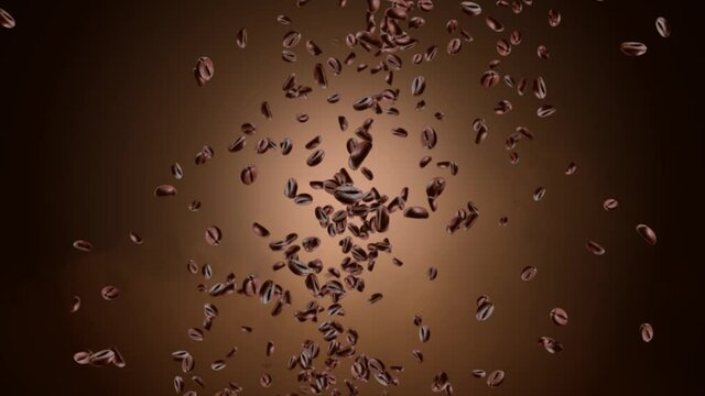 Coffee beans in flight on a dark loop background Animation. coffee beans with seeds in flight . Morning breakfast or drink. Coffee morning drink for breakfast. The concept of coffee break.