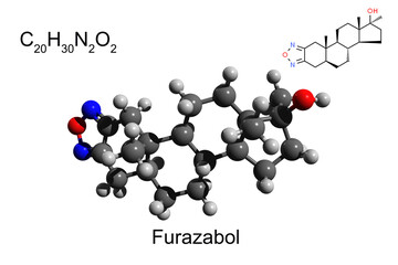 Chemical formula, structural formula and 3D ball-and-stick model of anabolic steroid furazabol, white background