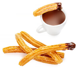 Churros - fried dough pastry with sugar and chocolate sauce dip isolated on a white background. Churro sticks, top view