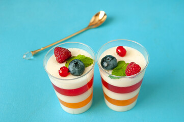 Panna cotta with raspberry, italian dessert pana cota with berry jam and fresh blueberries,...