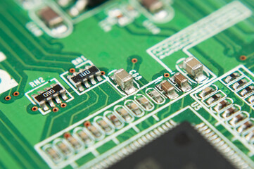 Computer chip, motherboard, futuristic circuit board with electrons, macro