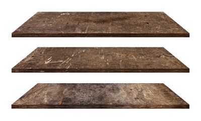 Wooden shelves isolated on white with clipping path, Wood table top, Template mock up for display of product