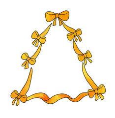 An abstract image of a Christmas tree made of yellow ribbons with bows as symbol of Happy New Year, Merry Christmas holiday celebration. Watercolor cartoon hand drawn illustration.