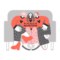 Modern polyamorous family celebrating Valentines day on a sofa. Three lovers on romantic date. Polygamy and bisexuality, happy non-monogamous open relationship concept. LGBT rights, pride vector