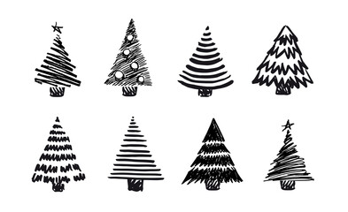 Set of Christmas trees hand drawn. Vector illustration.