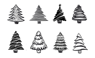 Set of Christmas trees hand drawn. Vector illustration.