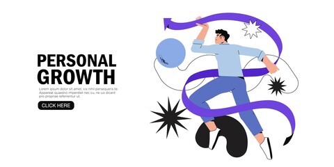 Business man jumping trying to reach top of arrow through obstacles to his goal. Business developement, career success or growth and opportunity, startup concept banner, web page. Creative character.