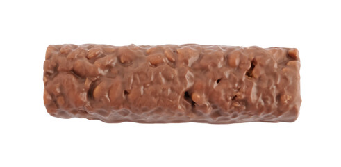 Tasty chocolate glazed protein bar isolated on white, top view. Healthy snack