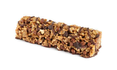 Granola bar with chocolate isolated on white. High protein snack