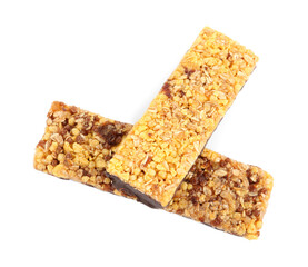 Granola bars on white background, top view. High protein snack