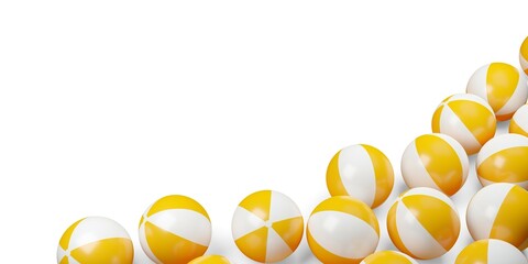 Many striped inflatable yellow and white toy game beach balls edge, frame or border isolated on white background, summer vacation or beach background