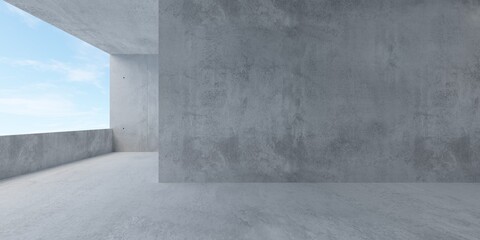 Abstract empty, modern concrete room with balcony opening with ocean view on the left and rough floor - industrial interior background template