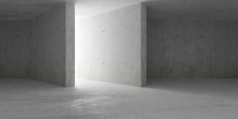 Abstract empty, modern concrete room with backwall entry with diagonal wall and rough floor - industrial interior background template - obrazy, fototapety, plakaty