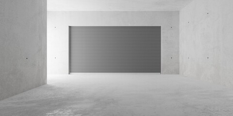 Empty modern abstract concrete room with rolling gate on back wall and rough floor, product presentation template background