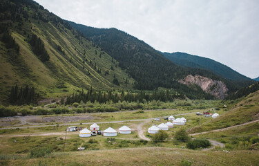 national yurts at the foot of the mountain