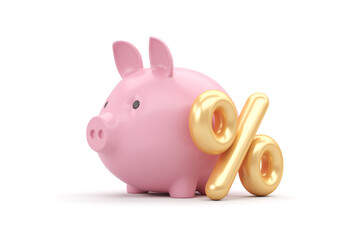 Pink piggy bank pig with gold percentage isolated on white background. 3d render illustration.