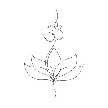 recommend clip art: Single line drawn lotus flower with om sign. Symbol of Buddhism, Yoga, Hinduism, Spirituality. Yoga mudra. Black and white vector illustration.