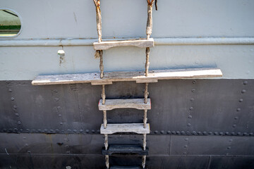 pilot ladder on old cargo vessel with reveted hull  for the embarking and disembarking pilots