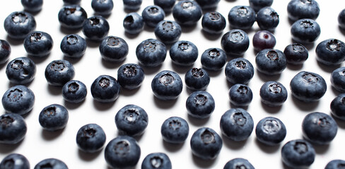 Panoramic photo of blueberries, situated on white background.