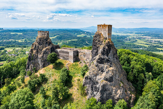Aerial of Rock town of Hruba Skala with the castle in the background, Bohemian Paradise, Czech Republic
